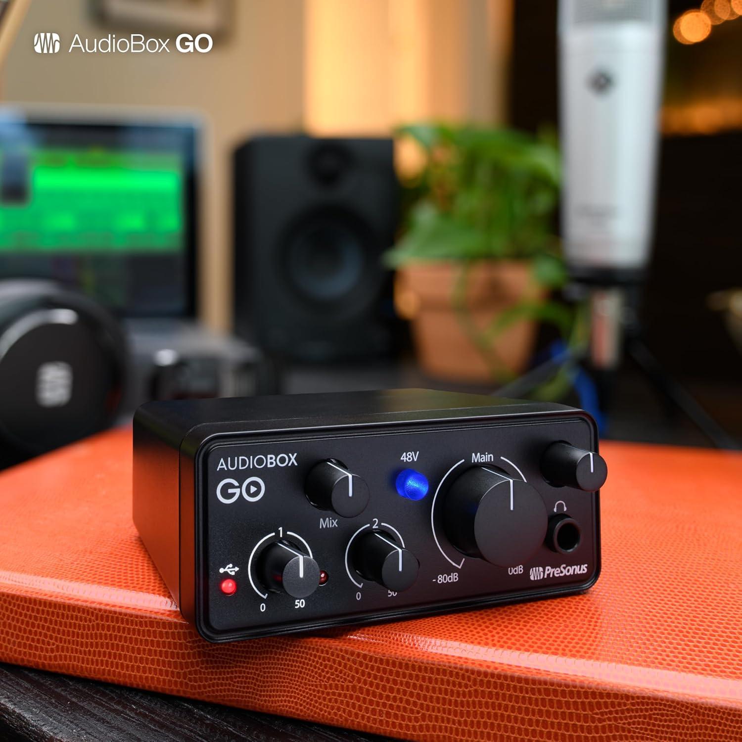 imagePreSonus AudioBox Go Creator Complete Studio Recording Bundle with USB Audio 96K Interface Condenser Microphone Professional Monitoring Headphones and Studio One Pro DAW SoftwareAudioBox GO