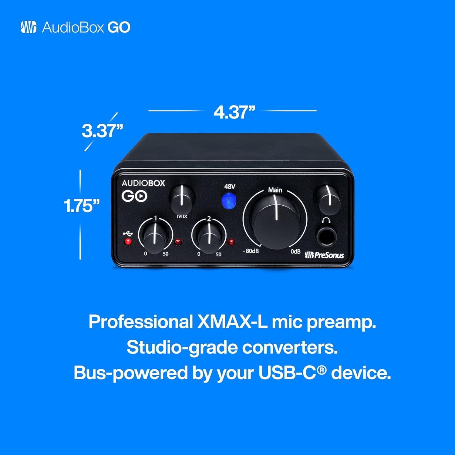imagePreSonus AudioBox Go Creator Complete Studio Recording Bundle with USB Audio 96K Interface Condenser Microphone Professional Monitoring Headphones and Studio One Pro DAW SoftwareAudioBox GO
