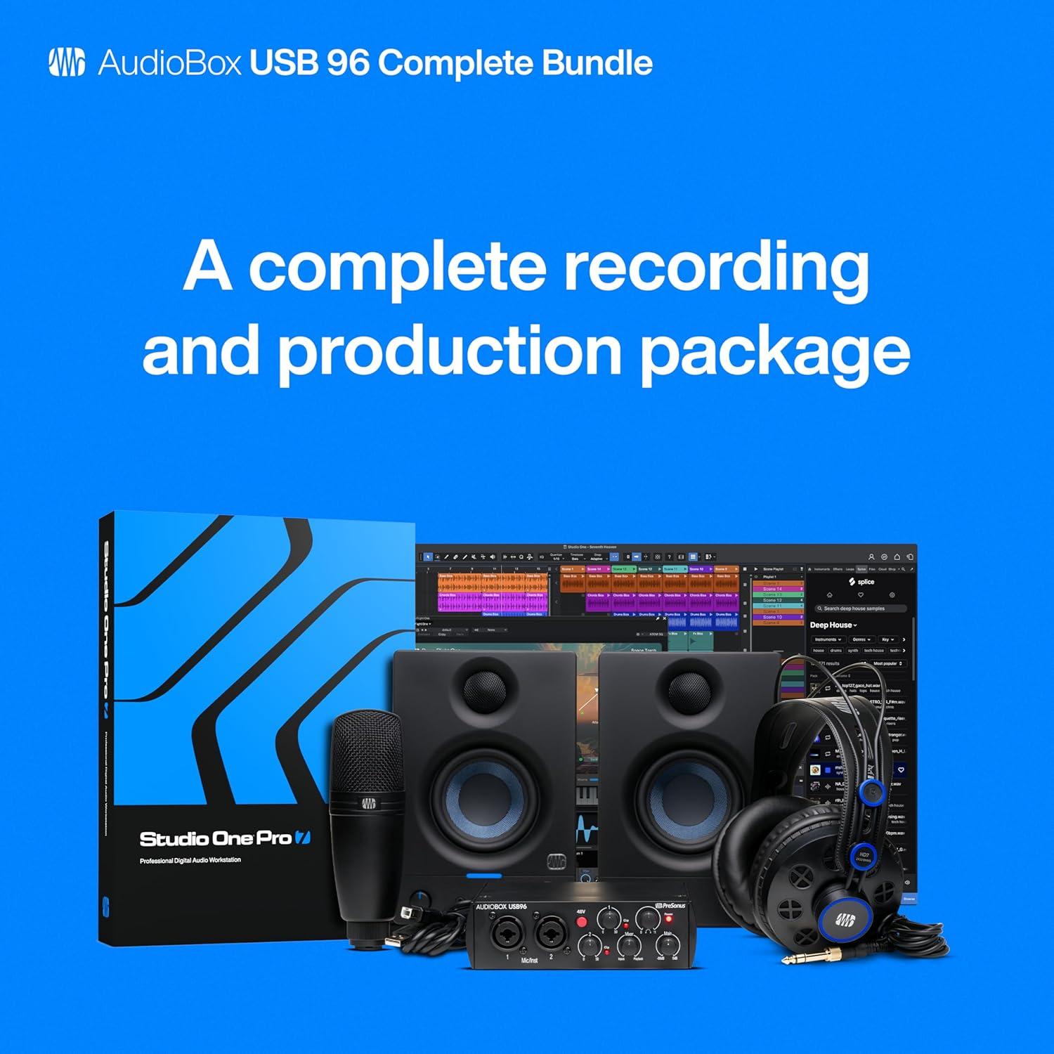 imagePreSonus AudioBox USB 96 Bundle  USB Audio Interface XLR Interface for Guitar Device for PC ampamp Mac Complete Recording Package with Studio One Pro Music Production Home StudioComplete Bundle  Speakers  Mic  and Headphones