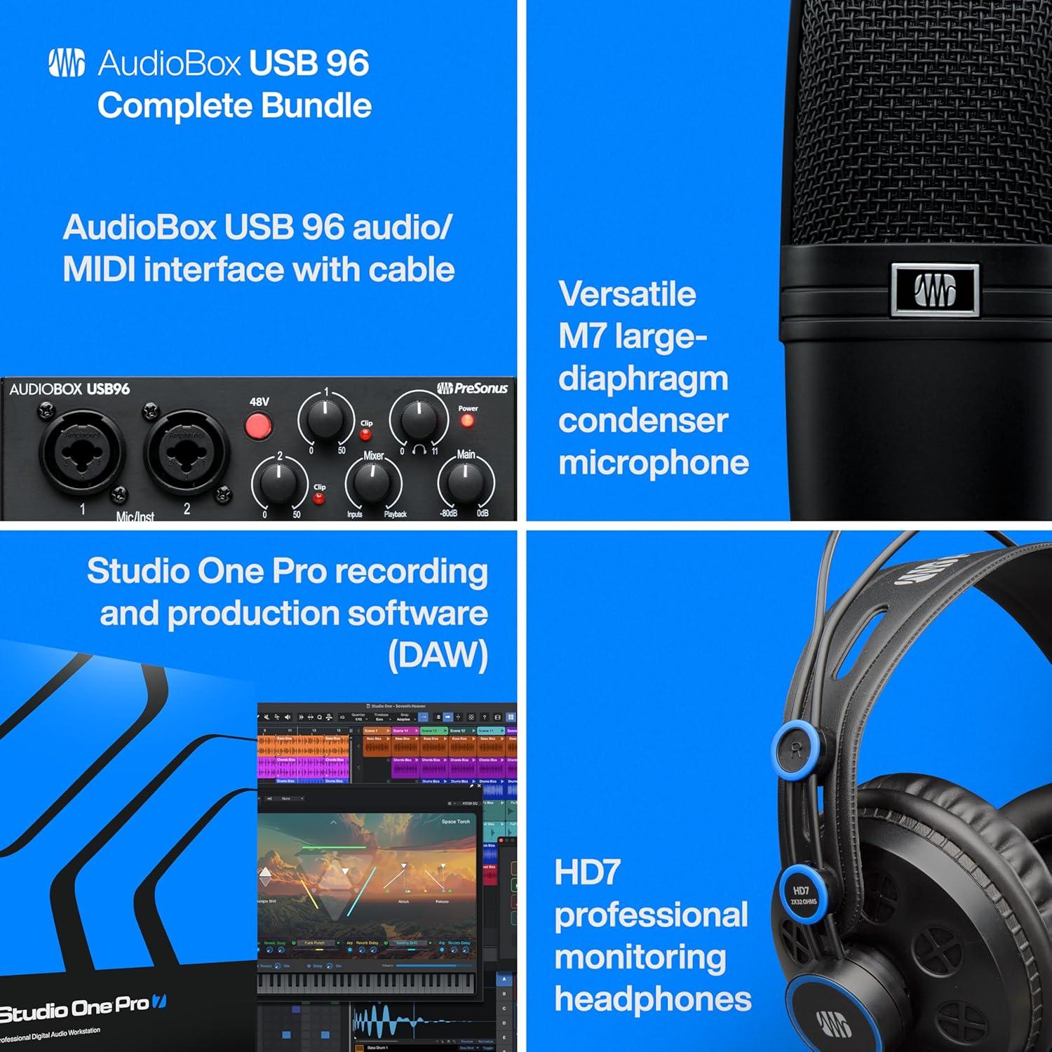 imagePreSonus AudioBox USB 96 Bundle  USB Audio Interface XLR Interface for Guitar Device for PC ampamp Mac Complete Recording Package with Studio One Pro Music Production Home StudioComplete Bundle  Speakers  Mic  and Headphones