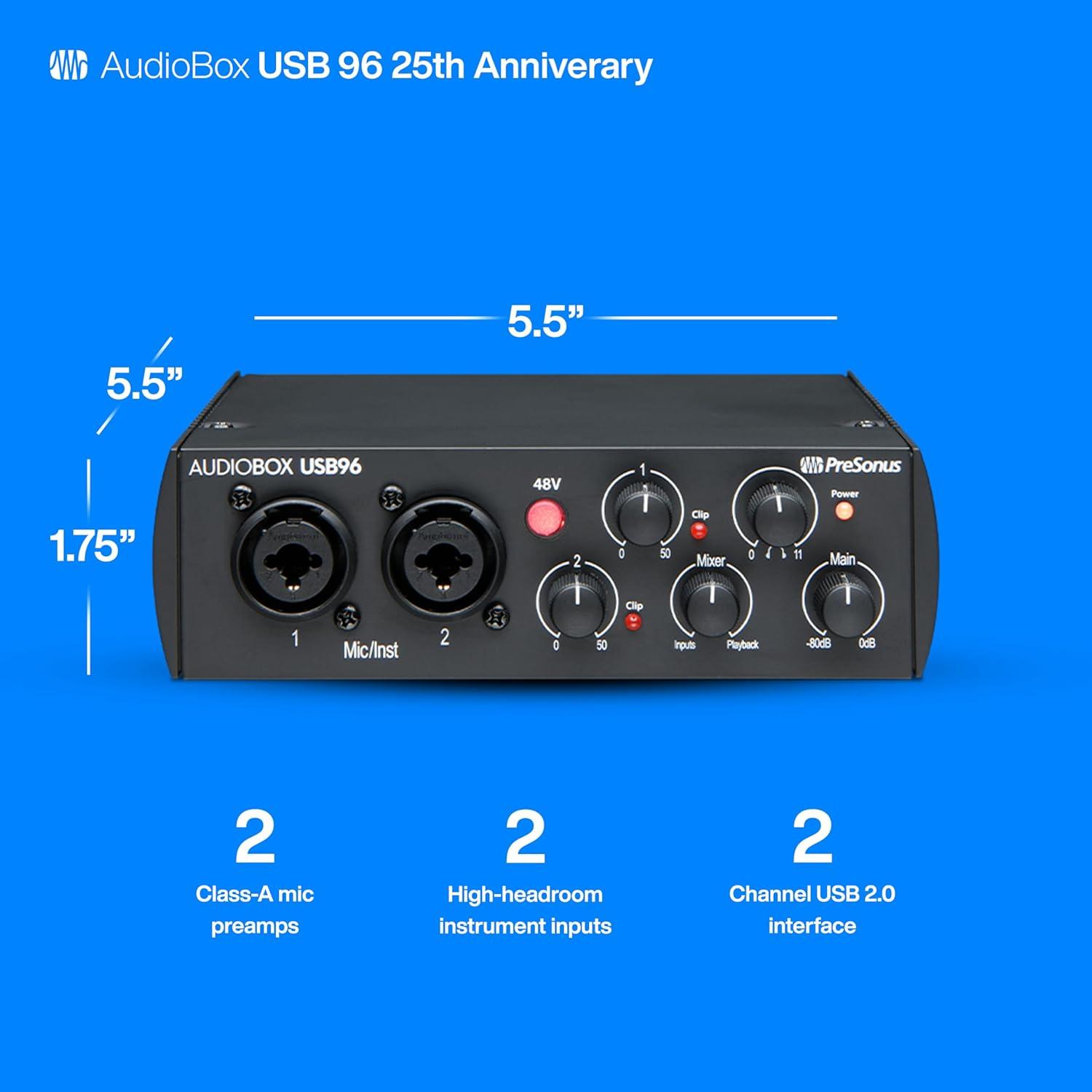 imagePreSonus AudioBox USB 96 Bundle  USB Audio Interface XLR Interface for Guitar Device for PC ampamp Mac Complete Recording Package with Studio One Pro Music Production Home StudioAudio Interface