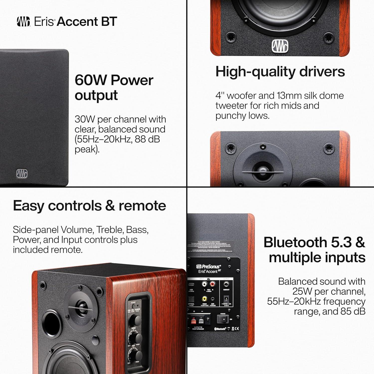 imagePreSonus Eris 35BT Studio Monitors Pair  35quot Inch Powered Speakers Bookshelf Speakers Stereo Desktop Computer Near Field Music Production Audio Mixing Recording4 BT Woodgrain